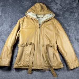 Wilsons Vintage Leather Coat Women Large Brown Faux Fur Lined Hooded Zip Jacket